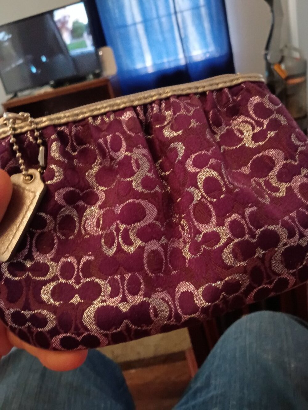 Coach Signature Wristlet Metallic Jacquard Pleat Purple Lurex Mini Purse RARE